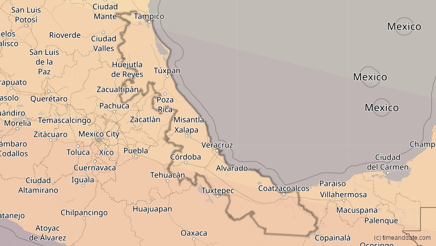 A map of Veracruz, Mexiko, showing the path of the 7. Feb 2092 Ringförmige Sonnenfinsternis
