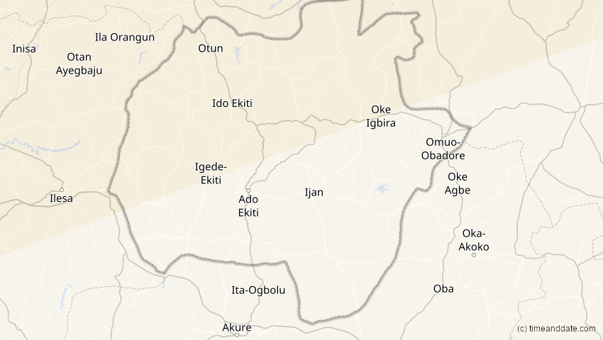 A map of Ekiti, Nigeria, showing the path of the 7. Feb 2092 Ringförmige Sonnenfinsternis