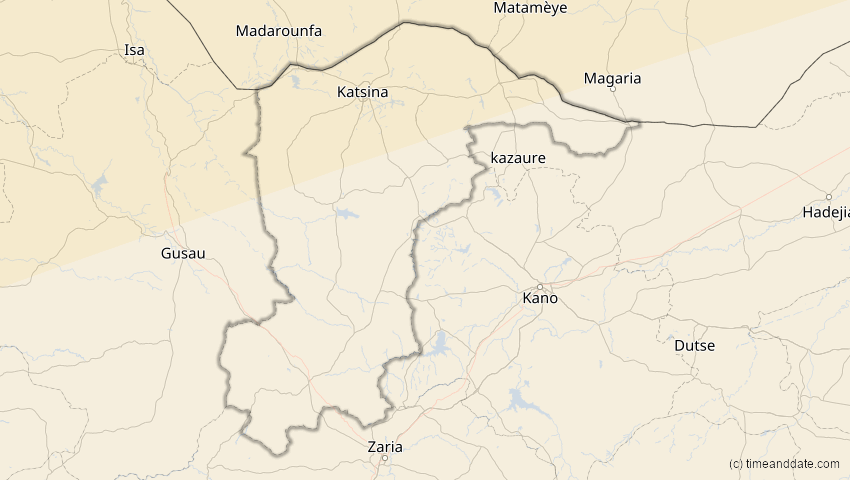 A map of Katsina , Nigeria, showing the path of the 7. Feb 2092 Ringförmige Sonnenfinsternis