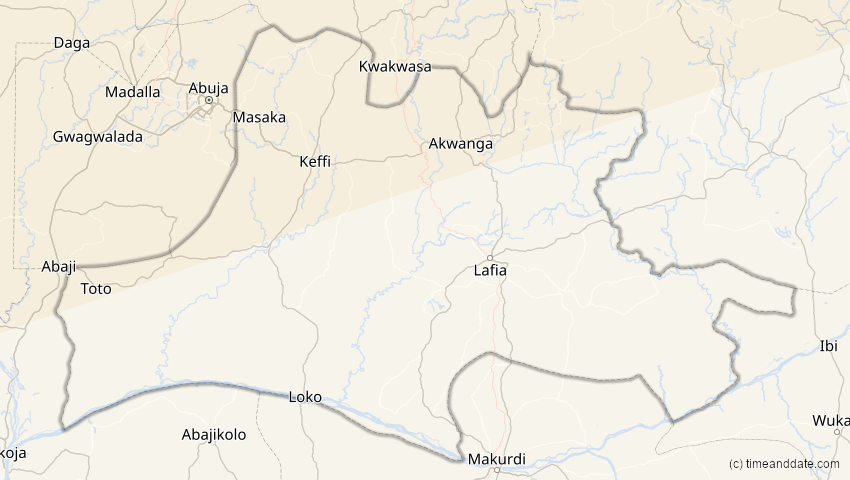 A map of Nassarawa, Nigeria, showing the path of the 7. Feb 2092 Ringförmige Sonnenfinsternis