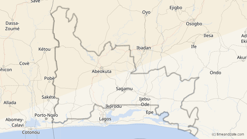 A map of Ogun, Nigeria, showing the path of the 7. Feb 2092 Ringförmige Sonnenfinsternis