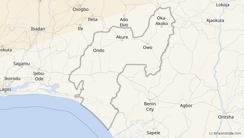 A map of Ondo, Nigeria, showing the path of the 7. Feb 2092 Ringförmige Sonnenfinsternis