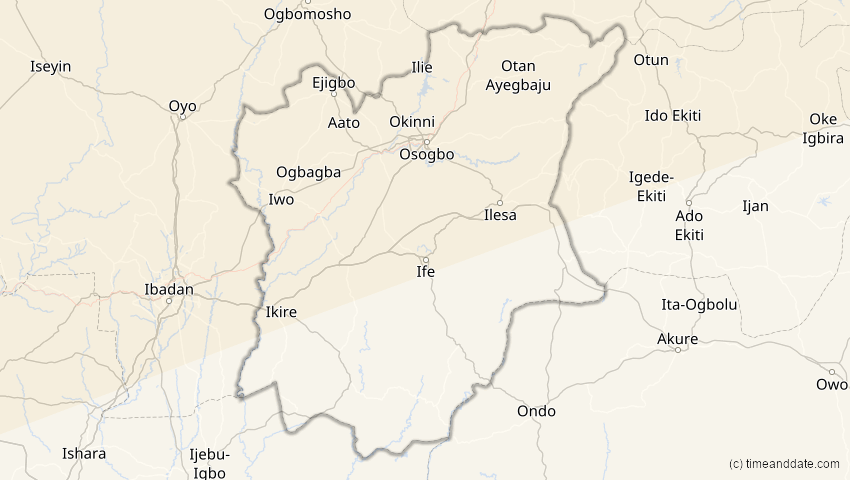 A map of Osun, Nigeria, showing the path of the 7. Feb 2092 Ringförmige Sonnenfinsternis