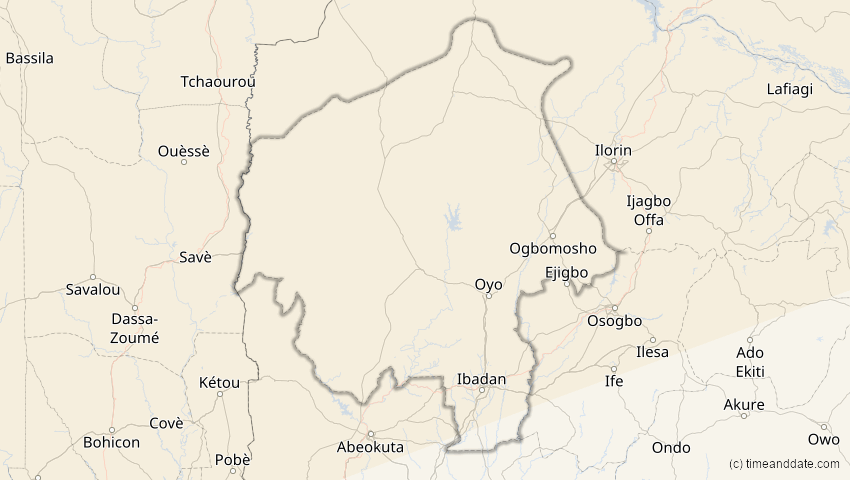 A map of Oyo, Nigeria, showing the path of the 7. Feb 2092 Ringförmige Sonnenfinsternis