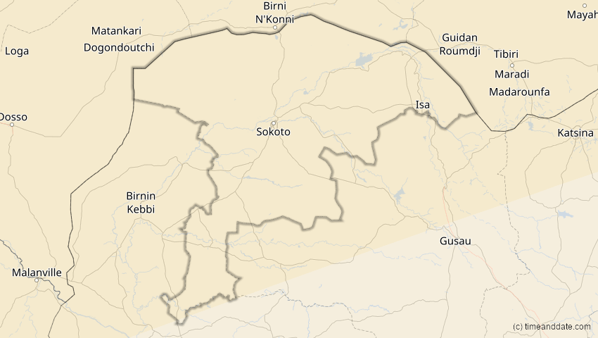 A map of Sokoto, Nigeria, showing the path of the 7. Feb 2092 Ringförmige Sonnenfinsternis