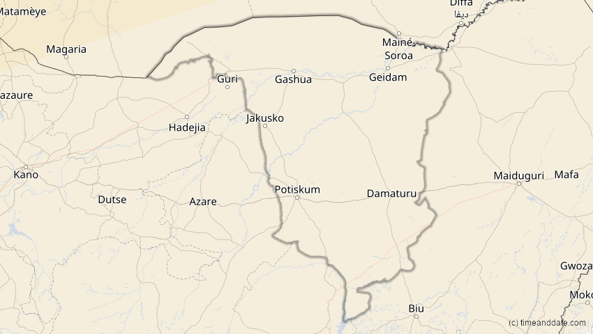 A map of Yobe, Nigeria, showing the path of the 7. Feb 2092 Ringförmige Sonnenfinsternis