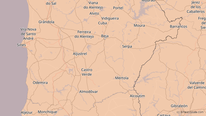 A map of Beja, Portugal, showing the path of the 7. Feb 2092 Ringförmige Sonnenfinsternis