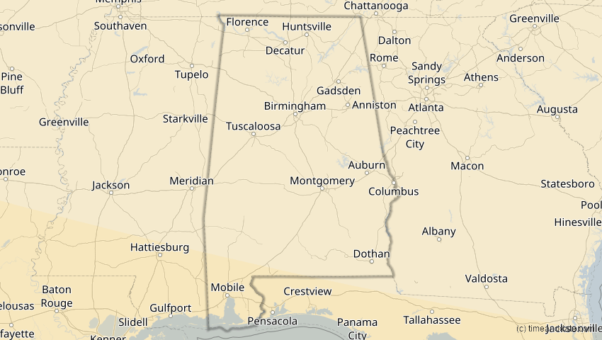 A map of Alabama, USA, showing the path of the 7. Feb 2092 Ringförmige Sonnenfinsternis