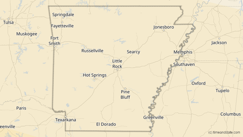 A map of Arkansas, USA, showing the path of the 7. Feb 2092 Ringförmige Sonnenfinsternis