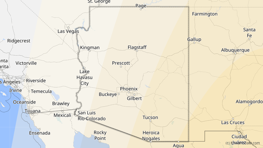 A map of Arizona, USA, showing the path of the 7. Feb 2092 Ringförmige Sonnenfinsternis