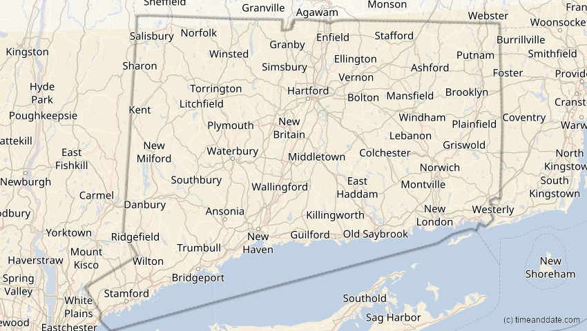 A map of Connecticut, USA, showing the path of the 7. Feb 2092 Ringförmige Sonnenfinsternis