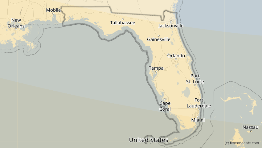 A map of Florida, USA, showing the path of the 7. Feb 2092 Ringförmige Sonnenfinsternis