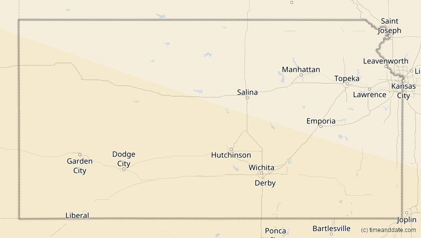 A map of Kansas, USA, showing the path of the 7. Feb 2092 Ringförmige Sonnenfinsternis