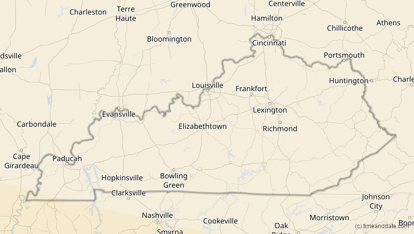 A map of Kentucky, USA, showing the path of the 7. Feb 2092 Ringförmige Sonnenfinsternis