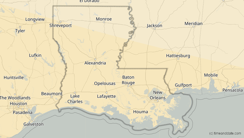 A map of Louisiana, USA, showing the path of the 7. Feb 2092 Ringförmige Sonnenfinsternis