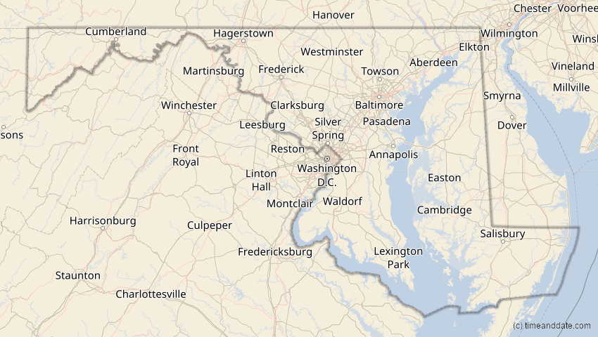 A map of Maryland, USA, showing the path of the 7. Feb 2092 Ringförmige Sonnenfinsternis
