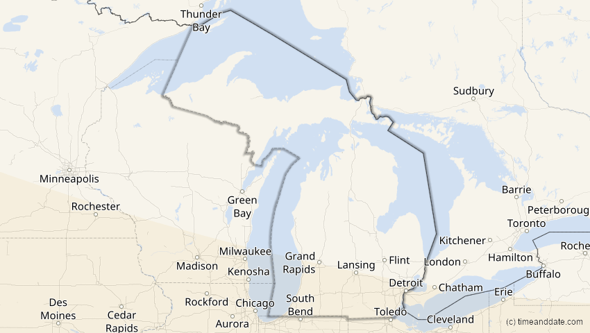 A map of Michigan, USA, showing the path of the 7. Feb 2092 Ringförmige Sonnenfinsternis