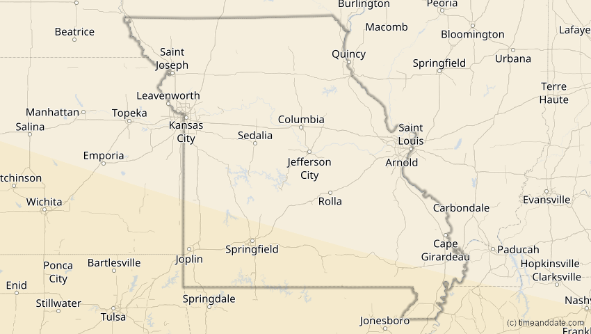 A map of Missouri, USA, showing the path of the 7. Feb 2092 Ringförmige Sonnenfinsternis