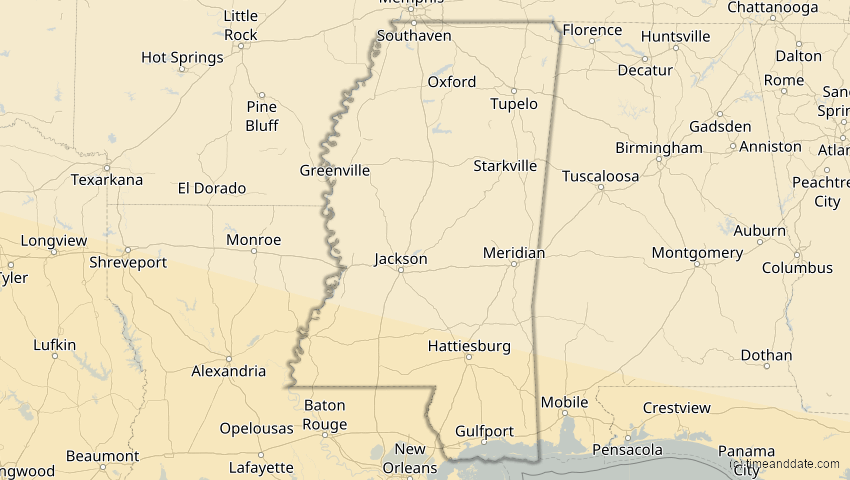 A map of Mississippi, USA, showing the path of the 7. Feb 2092 Ringförmige Sonnenfinsternis