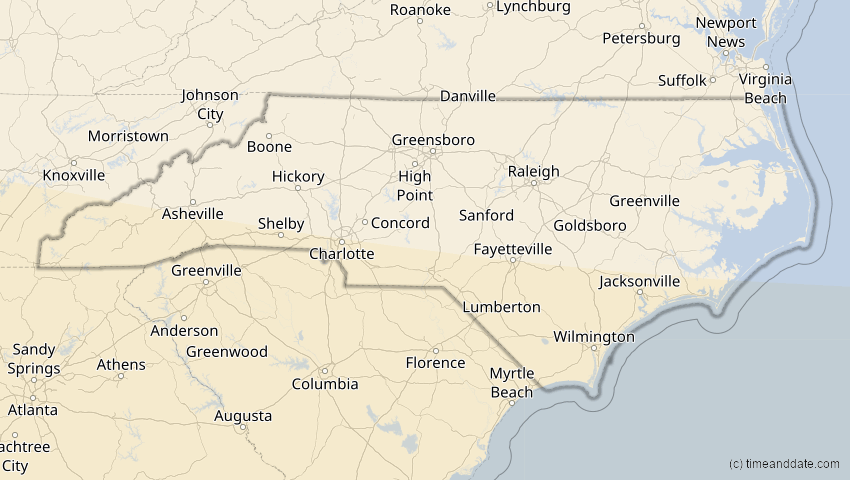 A map of North Carolina, USA, showing the path of the 7. Feb 2092 Ringförmige Sonnenfinsternis