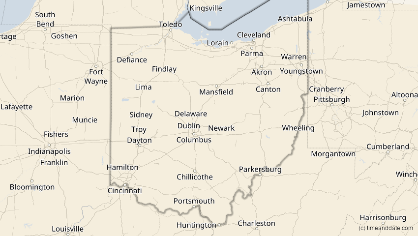 A map of Ohio, USA, showing the path of the 7. Feb 2092 Ringförmige Sonnenfinsternis