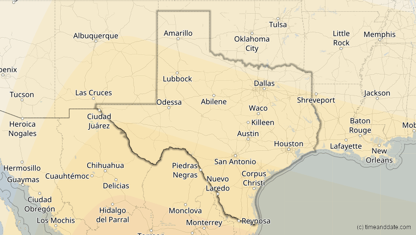 A map of Texas, USA, showing the path of the 7. Feb 2092 Ringförmige Sonnenfinsternis