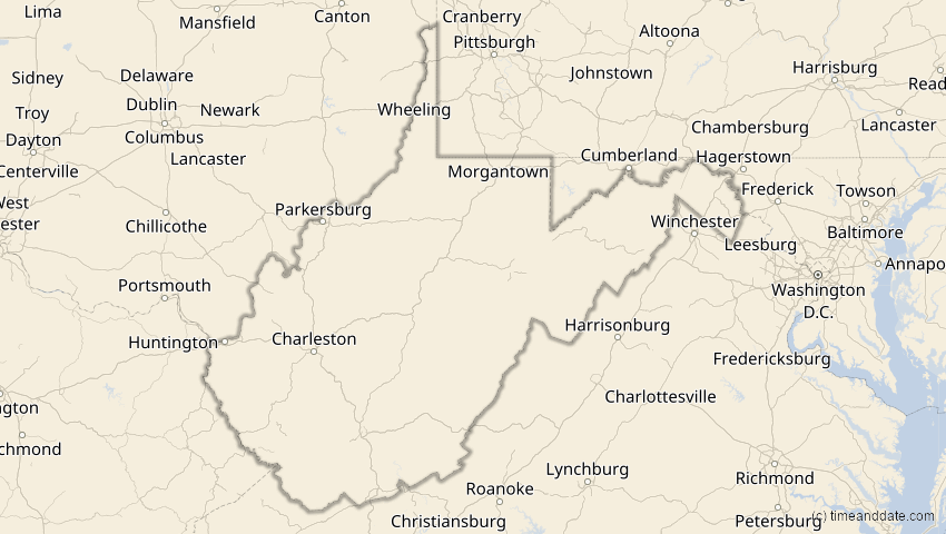 A map of West Virginia, USA, showing the path of the 7. Feb 2092 Ringförmige Sonnenfinsternis