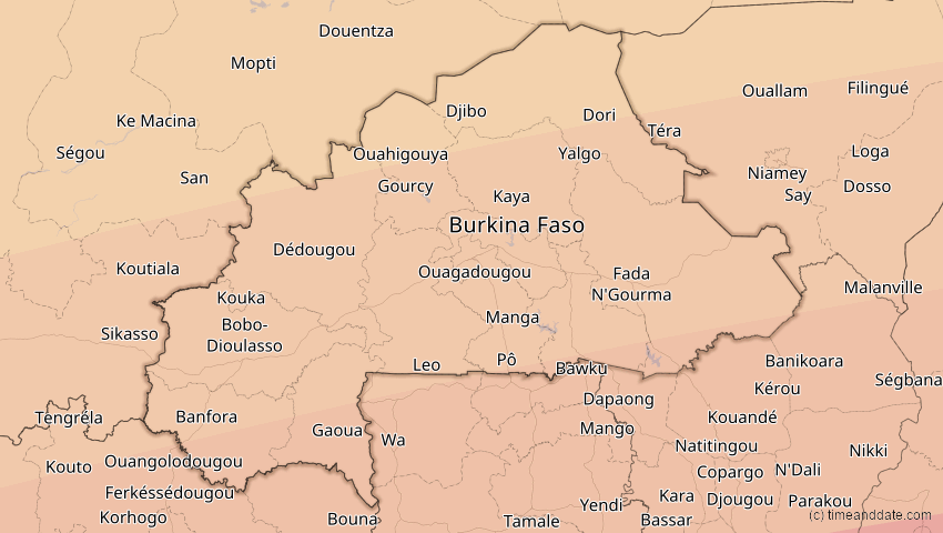 A map of Burkina Faso, showing the path of the 3. Aug 2092 Ringförmige Sonnenfinsternis