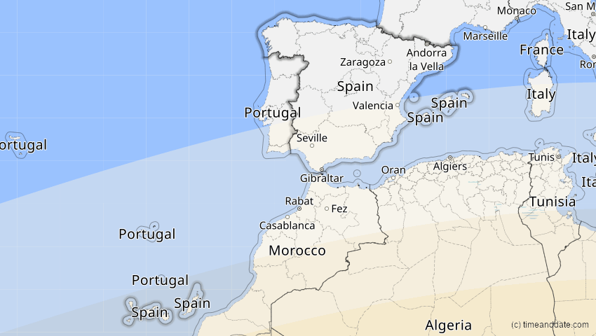 A map of Spanien, showing the path of the 3. Aug 2092 Ringförmige Sonnenfinsternis