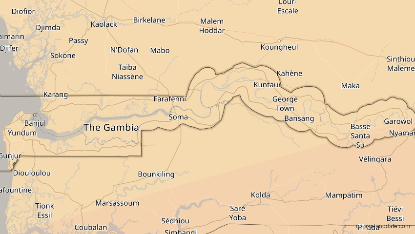 A map of Gambia, showing the path of the 3. Aug 2092 Ringförmige Sonnenfinsternis