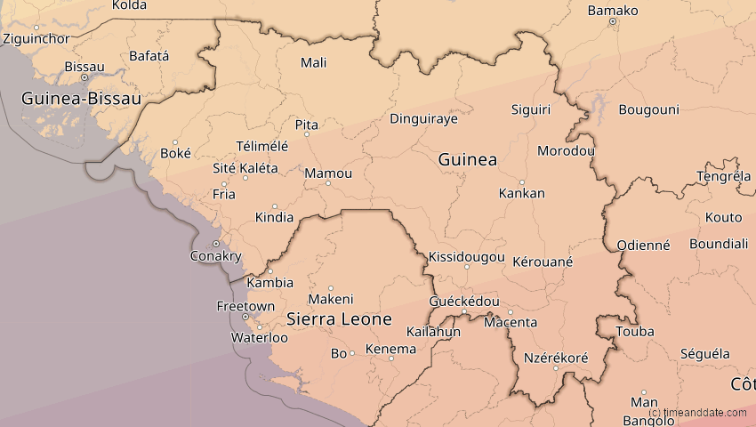 A map of Guinea, showing the path of the 3. Aug 2092 Ringförmige Sonnenfinsternis