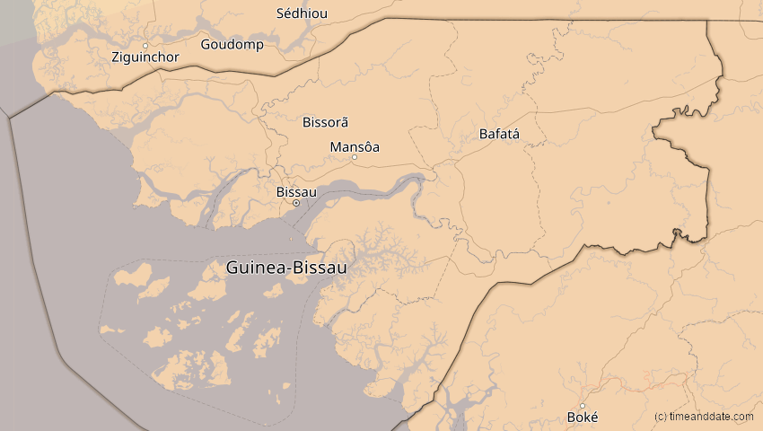 A map of Guinea-Bissau, showing the path of the 3. Aug 2092 Ringförmige Sonnenfinsternis