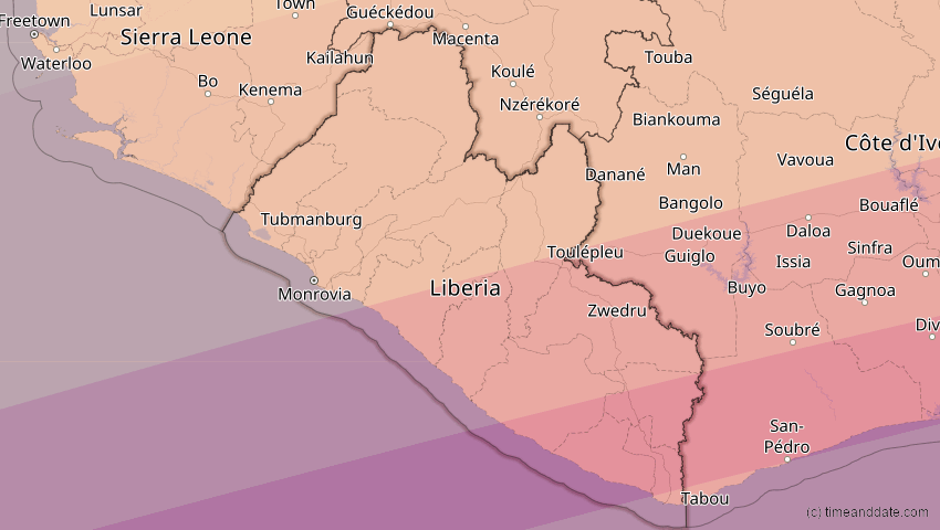 A map of Liberia, showing the path of the 3. Aug 2092 Ringförmige Sonnenfinsternis