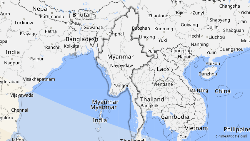 A map of Myanmar, showing the path of the 3. Aug 2092 Ringförmige Sonnenfinsternis