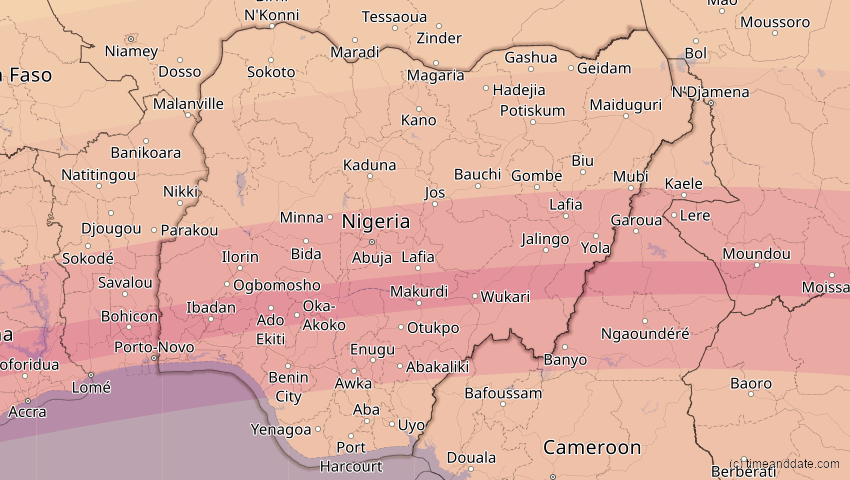 A map of Nigeria, showing the path of the 3. Aug 2092 Ringförmige Sonnenfinsternis