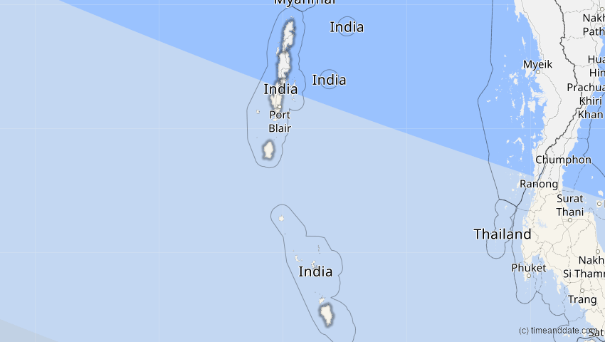 A map of Andamanen und Nikobaren, Indien, showing the path of the 3. Aug 2092 Ringförmige Sonnenfinsternis