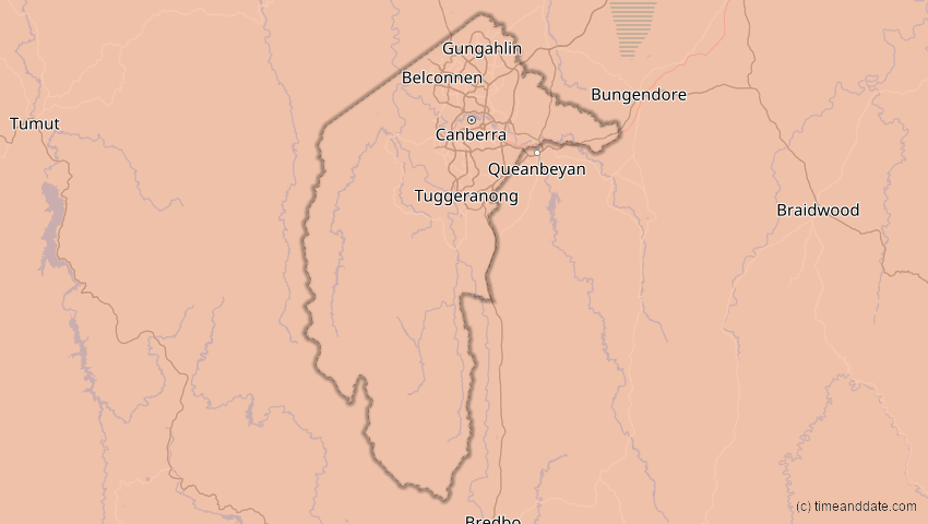 A map of Australian Capital Territory, Australien, showing the path of the 27. Jan 2093 Totale Sonnenfinsternis