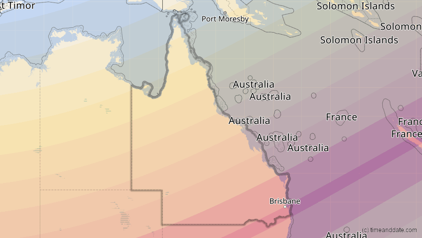 A map of Queensland, Australien, showing the path of the 27. Jan 2093 Totale Sonnenfinsternis