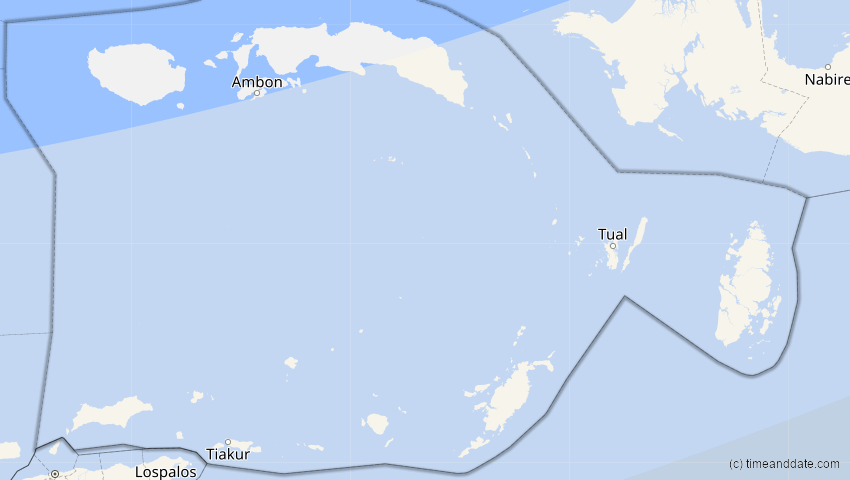 A map of Maluku, Indonesien, showing the path of the 27. Jan 2093 Totale Sonnenfinsternis