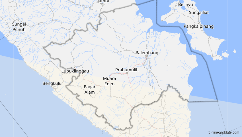 A map of Sumatera Selatan, Indonesien, showing the path of the 27. Jan 2093 Totale Sonnenfinsternis