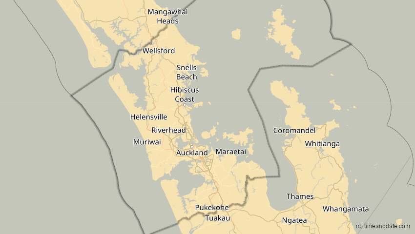 A map of Auckland, Neuseeland, showing the path of the 27. Jan 2093 Totale Sonnenfinsternis