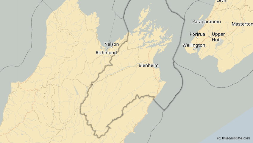A map of Marlborough, Neuseeland, showing the path of the 27. Jan 2093 Totale Sonnenfinsternis