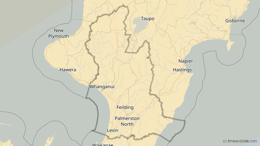 A map of Manawatu-Whanganui, Neuseeland, showing the path of the 27. Jan 2093 Totale Sonnenfinsternis