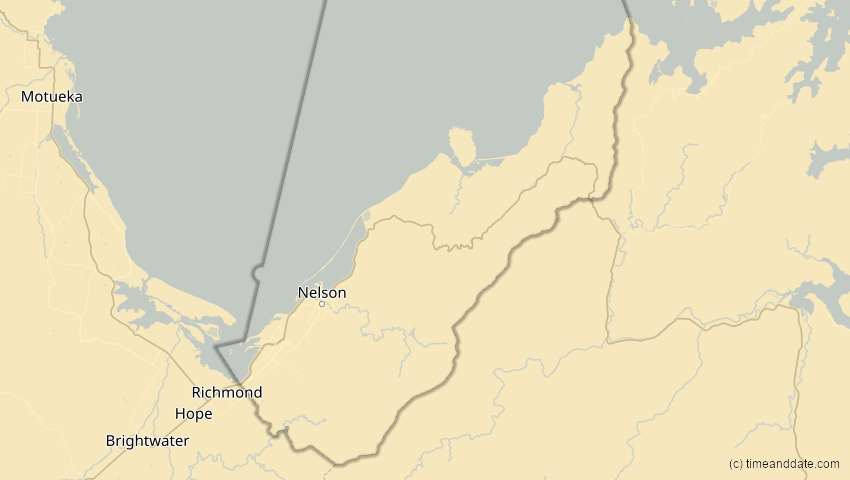 A map of Nelson, Neuseeland, showing the path of the 27. Jan 2093 Totale Sonnenfinsternis