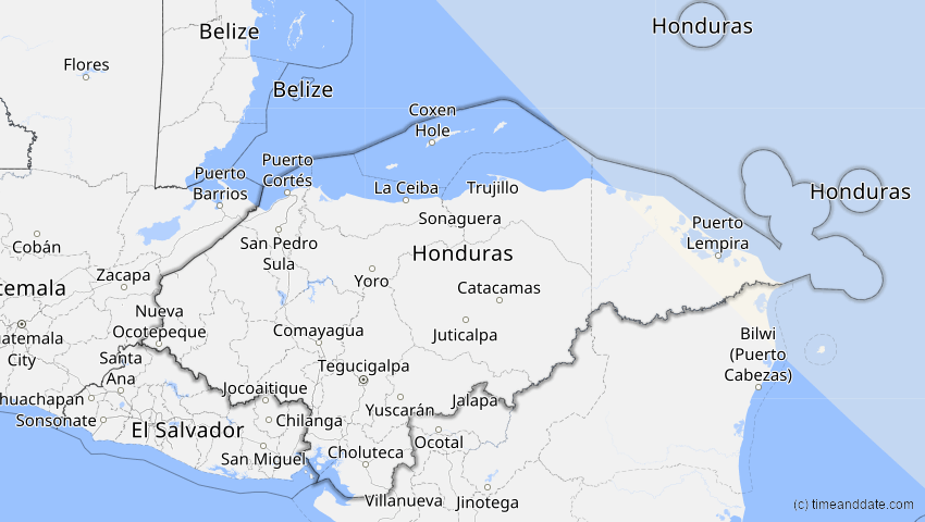 A map of Honduras, showing the path of the 23. Jul 2093 Ringförmige Sonnenfinsternis
