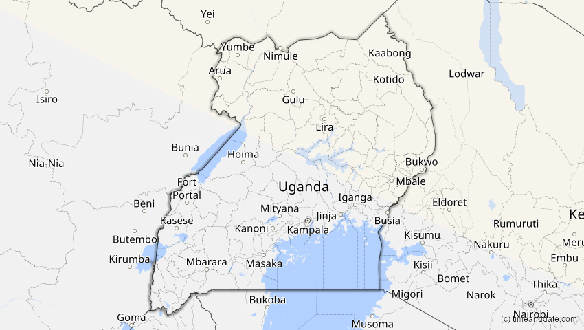 A map of Uganda, showing the path of the 23. Jul 2093 Ringförmige Sonnenfinsternis