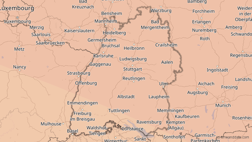 A map of Baden-Württemberg, Deutschland, showing the path of the 23. Jul 2093 Ringförmige Sonnenfinsternis