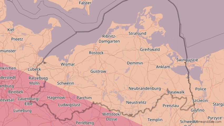 A map of Mecklenburg-Vorpommern, Deutschland, showing the path of the 23. Jul 2093 Ringförmige Sonnenfinsternis