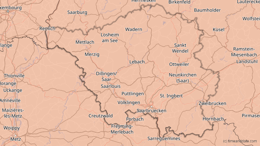 A map of Saarland, Deutschland, showing the path of the 23. Jul 2093 Ringförmige Sonnenfinsternis