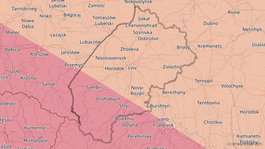 A map of Lwiw, Ukraine, showing the path of the 23. Jul 2093 Ringförmige Sonnenfinsternis